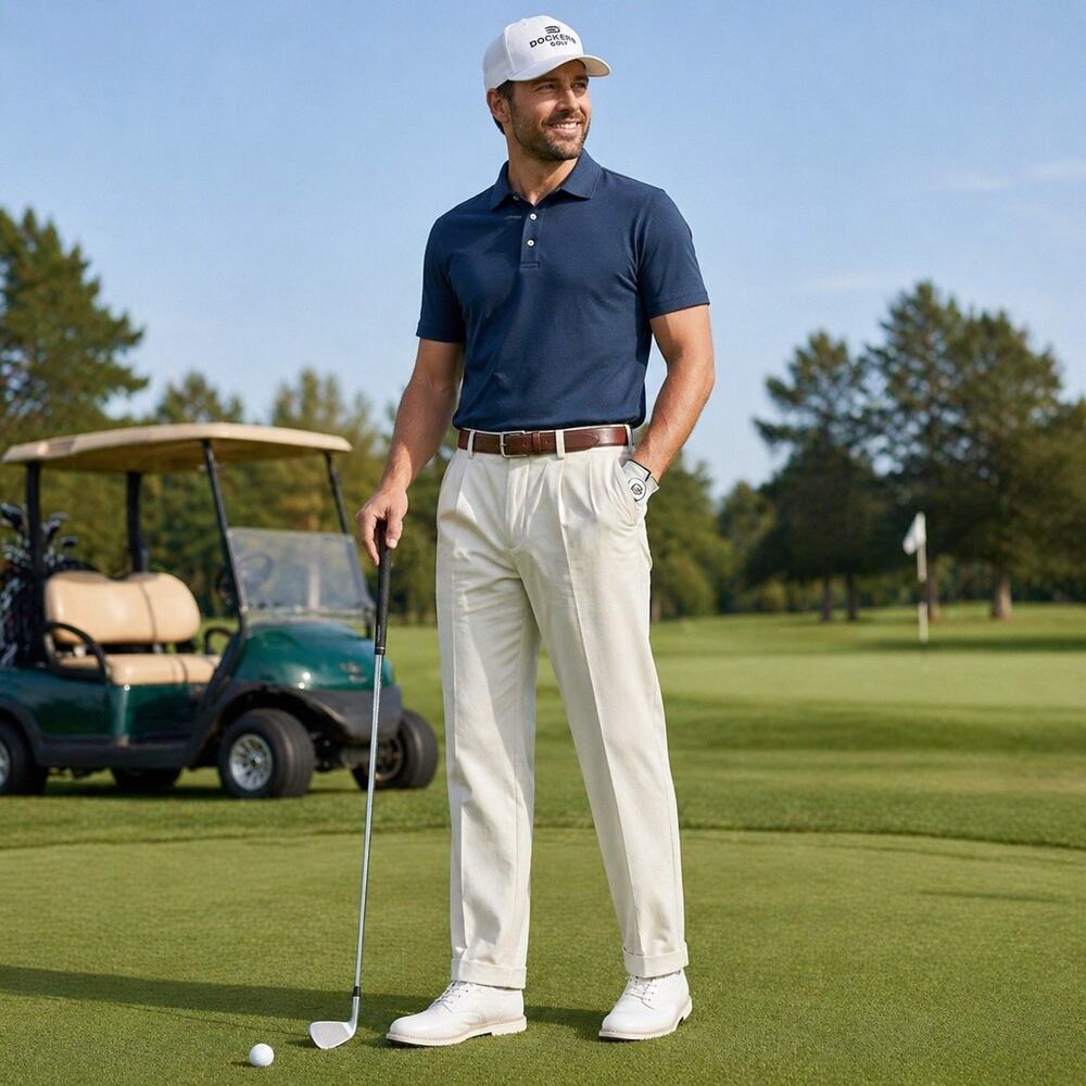 Dockers Golf Pants Mens 36x32 Beige Pleated Cuffed Classic Fit Microfiber Preppy